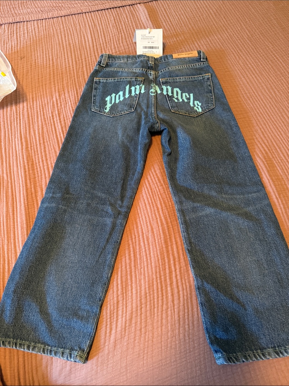 Palm Angels Men's Dark Blue Straight Jeans with Aqua Back Logo